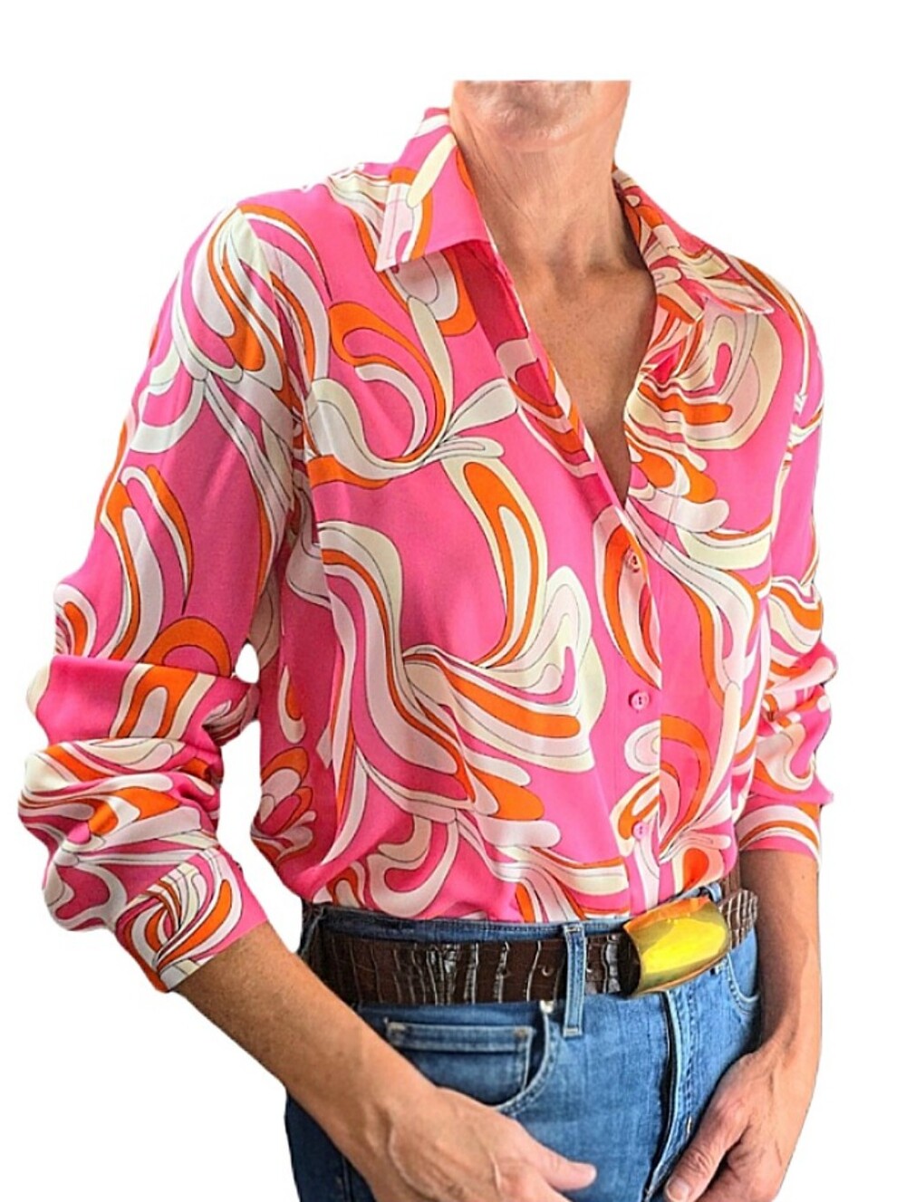 L'AGENCE Nina Long Sleeve Blouse In Orange & Rose Abstract Swirl - Picture 2 of 13